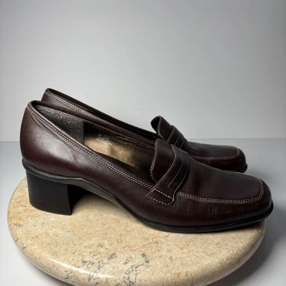 Aerology by Aerosoles Alexis Brown Leather Square Toe Block Heel Loafers 9M - Picture 4 of 10